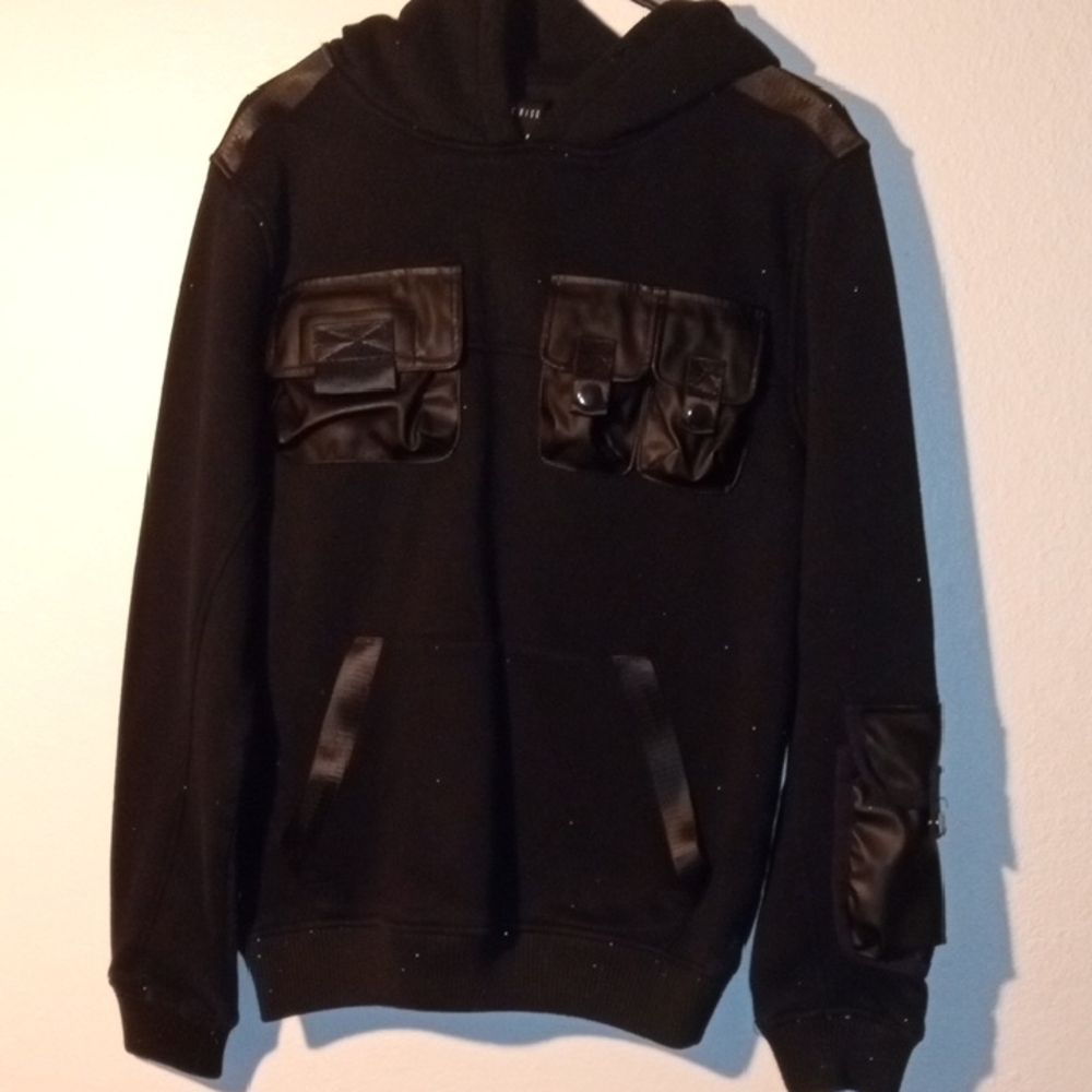 Black Hoodie with Leather Accents